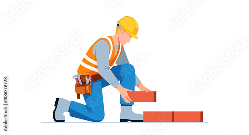 Construction worker in orange vest and yellow hard hat laying bricks