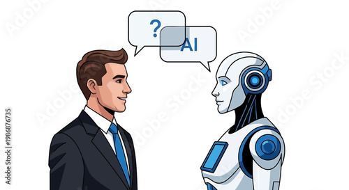 A cartoon illustration of a man in a business suit talking to a robot with speech bubbles representing ai and questioning