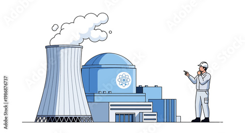 A cartoon illustration of a nuclear power plant with a worker in a white jumpsuit and hard hat standing next to a large cooling tower with smoke coming out of it
