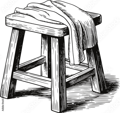Vintage wooden stool with draped fabric, black and white line furniture
