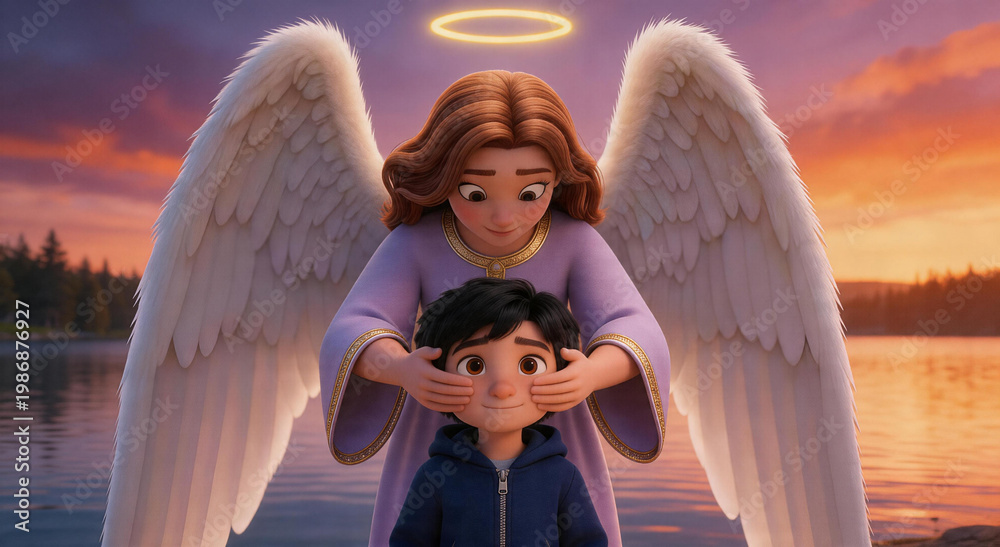 Fototapeta premium An angel with a golden halo and large white wings gently supports a boy by a lake at sunset. The scene conveys comfort, protection, and emotional warmth in a serene, natural setting.