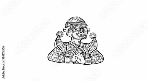 Ornate line art depiction of a stylized figure with elaborate headdress and detailed costume