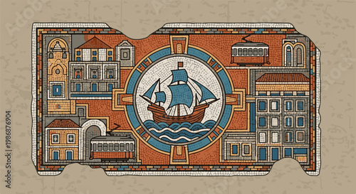 Ornate mosaic depicts a sailing ship at sea surrounded by buildings and trams