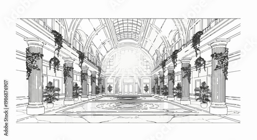 Ornate interior with sunbeams streaming through a grand arched window