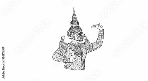Ornate masked figure in traditional costume, depicted in a graceful pose