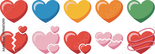 Colorful collection of heart vector icons featuring flat glossy designs, broken heart, pink bubbles, love symbols, and emotional relationship concepts for romantic wedding greeting cards.