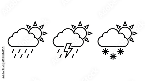 Weather icons: rain, thunderstorm, snow outline set.