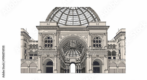 Ornate building with a large glass dome and arched entrances