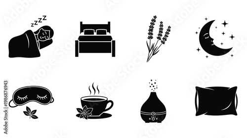 Sleep icons featuring a bed lavender and moon a black silhouette