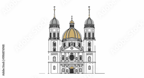 Ornate church facade with golden dome, flanked by two towers