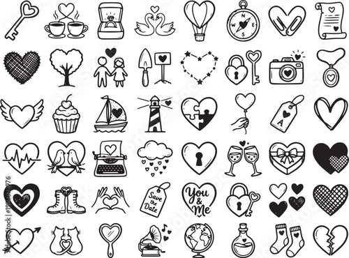 Hand-Drawn Heart Icons and Romantic Doodle Vector Set
