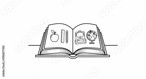 Open book with illustrations of school items