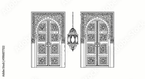 Ornate double doors with archways and hanging Moroccan lantern