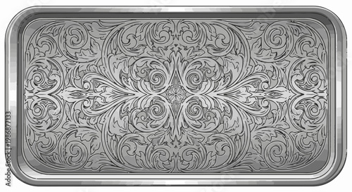 Ornate etched silver rectangular tray with elaborate floral scrollwork