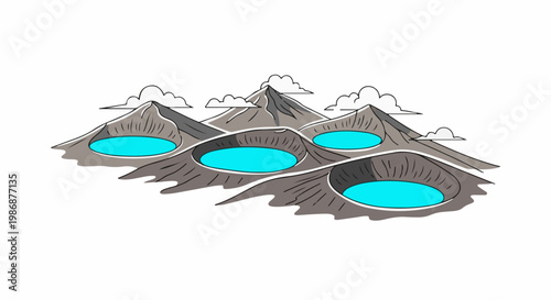 Mountain landscape with craters filled with bright blue water and scattered clouds