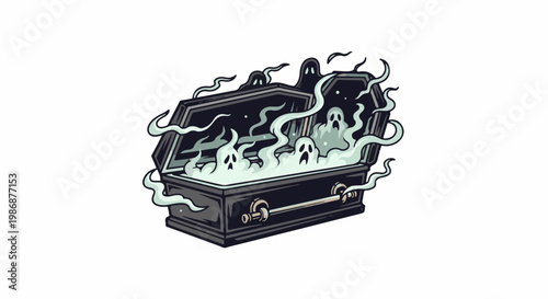 Open coffin overflowing with spooky ghosts and wispy smoke