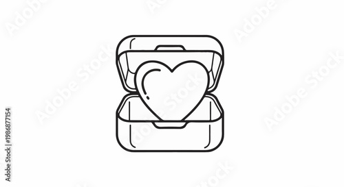 Open box with a heart-shaped object inside, black outline on white