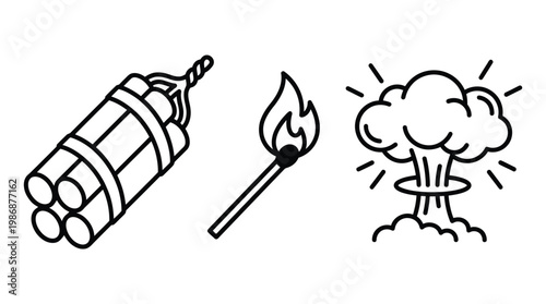 Explosive dynamite stick bundle with burning match and blast cloud.