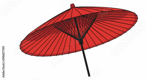 Open red paper parasol with a black wooden handle and frame