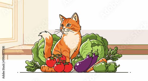 Orange tabby cat sits amongst fresh vegetables and produce