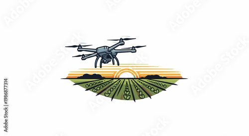 Modern farming technology drone surveying fertile fields at sunrise