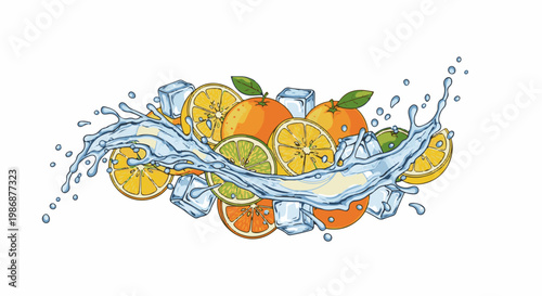 Oranges, lemons, limes, ice cubes, and water splash