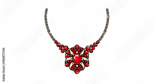 Ornate gold necklace with a central ruby and red gemstone accents