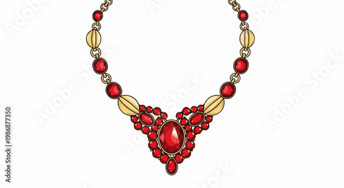 Ornate gold necklace adorned with numerous red gemstones