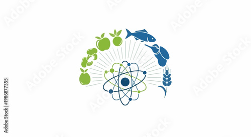 Organic atomic structure connecting food sources like fruits, vegetables, fish, and grains