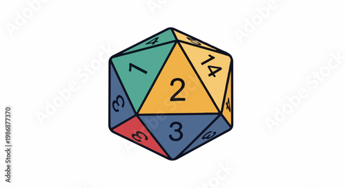 Multi-colored icosahedron die with numbers visible on its faces