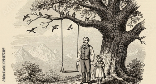 Father and Child Standing Beside Swing Under Tree.