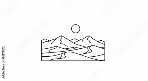 Minimalist desert landscape with sun and mountains