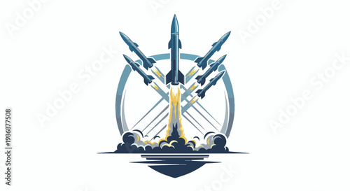 Multiple rockets launching upwards with fiery exhaust and smoky clouds