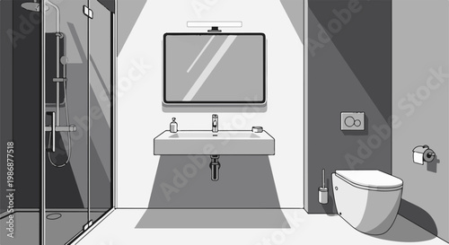 Modern minimalist bathroom with shower, sink, toilet, and mirror