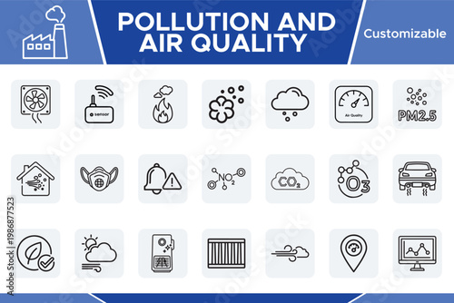 Pollution and Air Quality vector icon set, 20 customizable line art icons for environmental awareness and climate change, modern graphic resources for sustainable design.