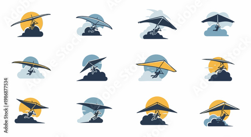 Multiple stylized icons of people hang gliding in the sky with clouds and sun