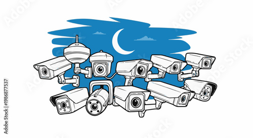Multiple surveillance cameras are mounted against a blue night sky