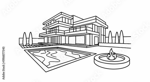Modern multi-story home with pool and fire pit, outlined for clarity