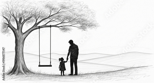 Father Holding Daughter Hand Beside Swing Under Tree.