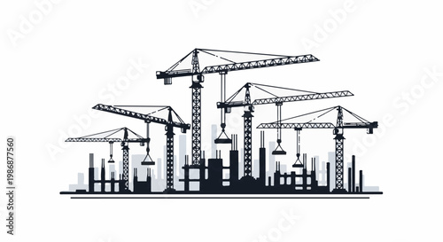 Multiple tower cranes silhouette against a stylized cityscape under construction