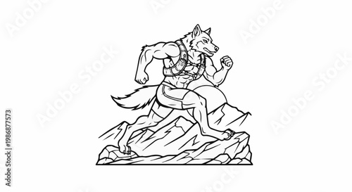 Muscular anthropomorphic wolf figure running across rocky terrain