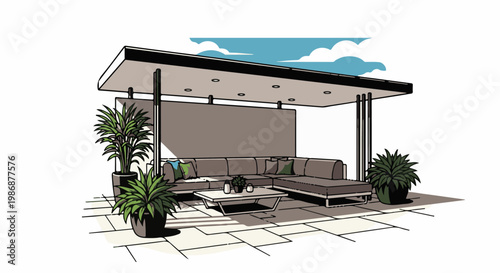 Modern outdoor patio lounge with sectional sofa, coffee table, and potted plants