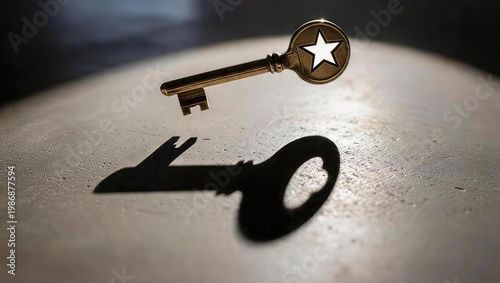 Antique golden key with star symbol on a textured surface, casting a distinct shadow. Represents access, treasure, and historical significance.