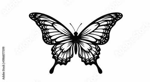 Ornate black and white graphic illustration of a butterfly