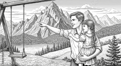 Father Holding Child Pointing In Embracing Gesture Illustration.