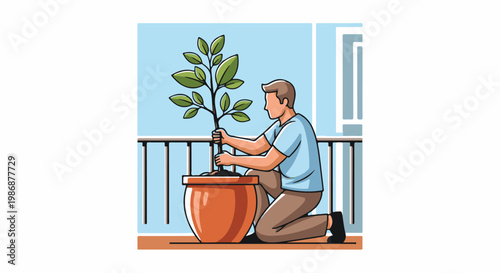 Man on balcony tending to a potted plant