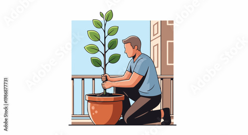 Man kneeling on balcony tending to a potted plant against a blue sky
