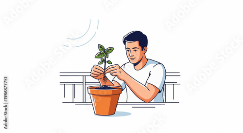 Man planting small green seedling in terracotta pot on balcony