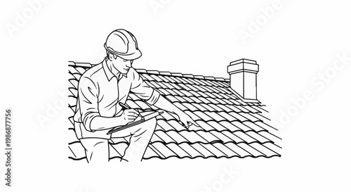 Man on tiled roof inspecting with notepad and pen