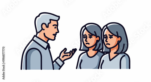 Man speaking to two sad women with grey hair